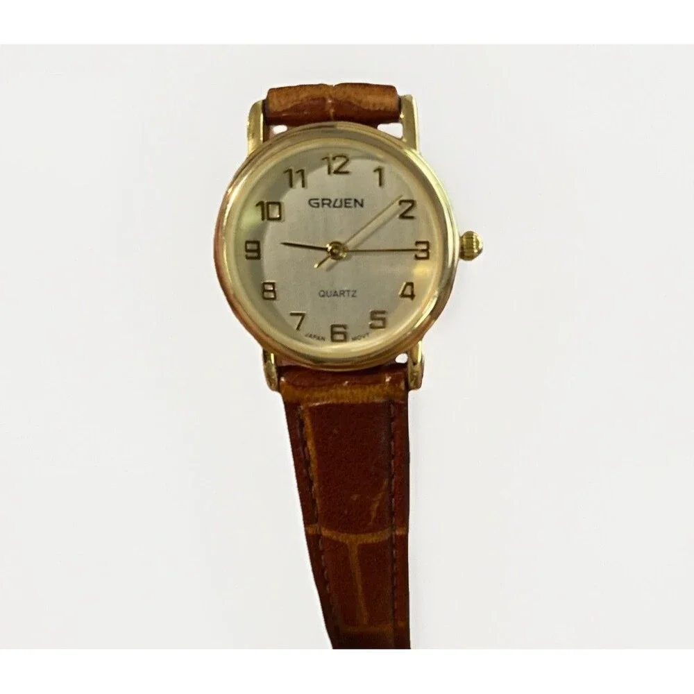 Gruen Women’s Watch 26mm Gold Tone Quartz Brown Leather Band New Battery